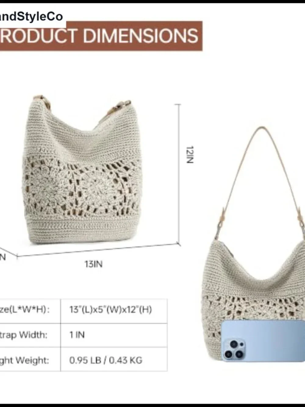 Hand-Crochet Hobo Purse Woven Shoulder Bag Tote Zipper Boho